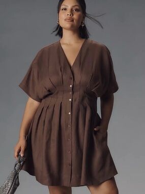 ANTHROPOLGIE The Tobie Linen Pleated Mini Shirt Dress By Exquise SIZE XL